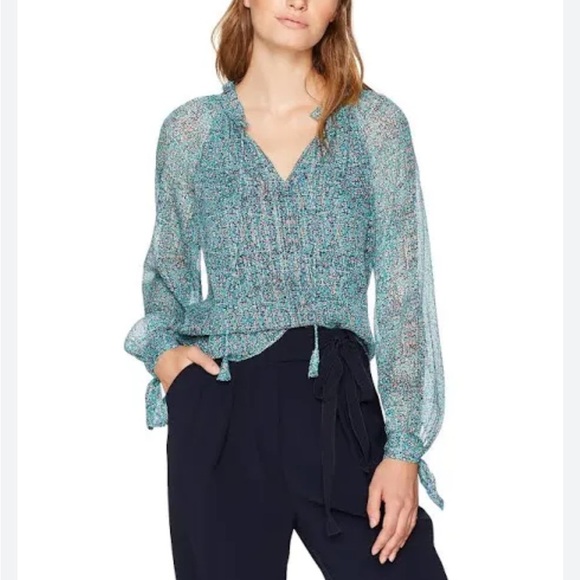 Rebecca Taylor Minnie Blue Floral Silk Tie Blouse floral Turquoise blue Sz 2 - Picture 1 of 14